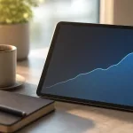 CDI: tablet com gráfico de linha em alta sobre uma mesa, ao lado de caderno e xícara