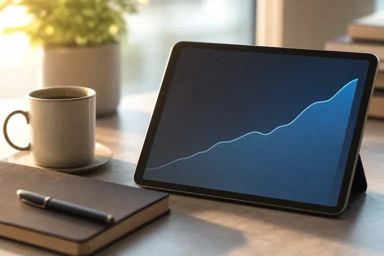 CDI: tablet com gráfico de linha em alta sobre uma mesa, ao lado de caderno e xícara