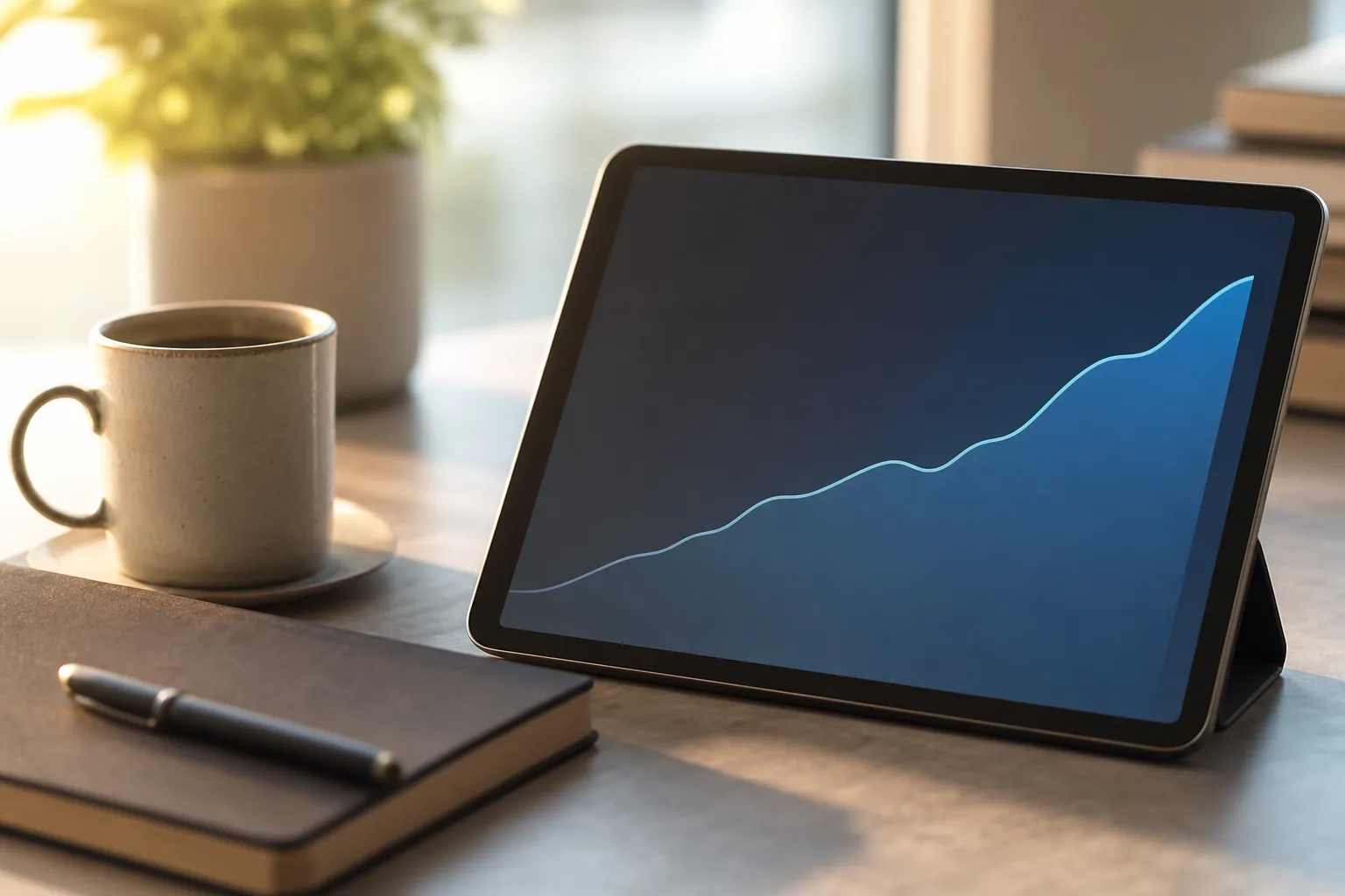 CDI: tablet com gráfico de linha em alta sobre uma mesa, ao lado de caderno e xícara