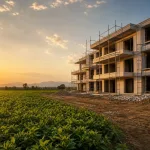LCI e LCA: prédio em construção ao lado de uma plantação ao pôr do sol
