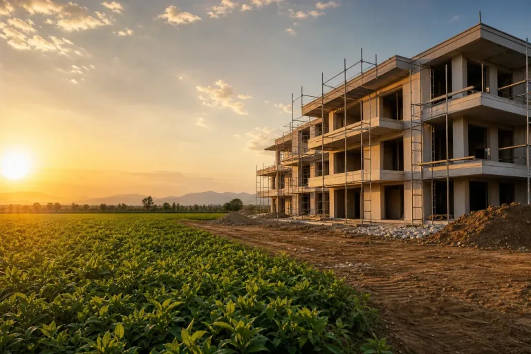 LCI e LCA: prédio em construção ao lado de uma plantação ao pôr do sol