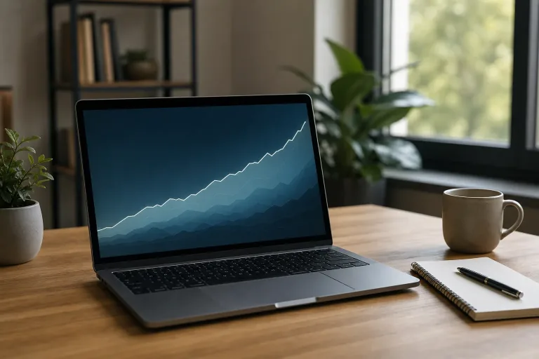 Tesouro Direto: notebook com gráfico de rendimento em uma mesa de trabalho